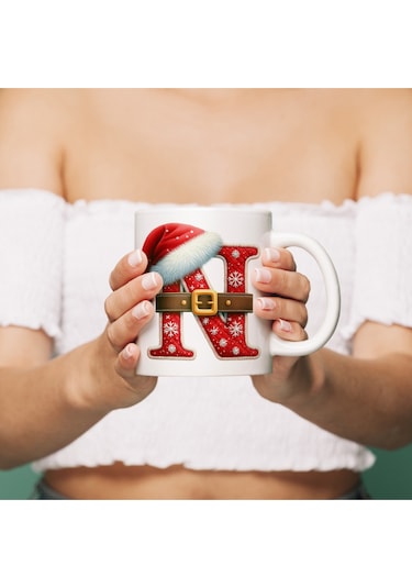 N Harfi Yılbaşı Temalı Bardak 330 Ml Harfli Kişiye Özel Hediye - Yeniyıl / Noel Şapka Tasarım Beyaz