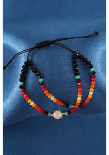 2li İncili Asansörlü Kombin Bileklik. Boncuk Bileklik, İp Bileklik, Halhal Bileklik. Kadın Bileklik. Çok Renkli