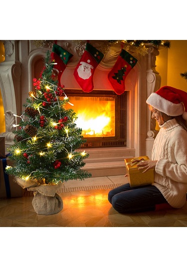 Qingmipy Parlak Led Işıklı 60cm Mini Yapay Noel Ağacı - Pille Çalışan Dekoratif Masa Üstü Ağaç Çok Renkli