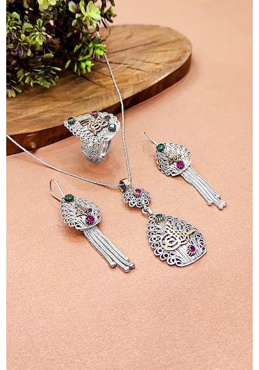 Tuğralı Oksitli Telkari Gümüş Set 925 Ayar Otantik Kolye Küpe Ayarlanabilir Yüzük Aks-2099
