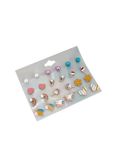 Chavin Çocuk Genç 12 Çift Mineli Figür Küpe Seti Er17 Çok Renkli