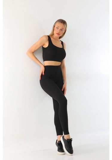 Kallima Siyah Toparlayıcı Yüksek Bel Fitilli Spor Tayt-crop Takım
