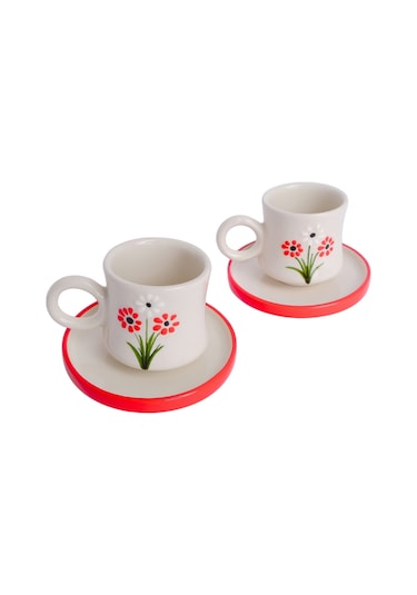 6 Lı Takım Kırmızı Papatya Desenli, El Yapımı Kazan Seramik Kahve Fincanı, Kahve Fincanı, Hand Made Beyaz