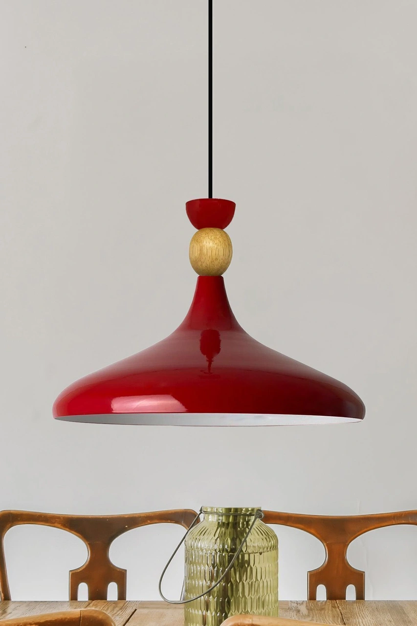 Kırmızı Ahşap Şapka Tekli Avize Sarkıt Salon Mutfak Cafe Butik Lamba Aydınlatma Avizeler Kırmızı