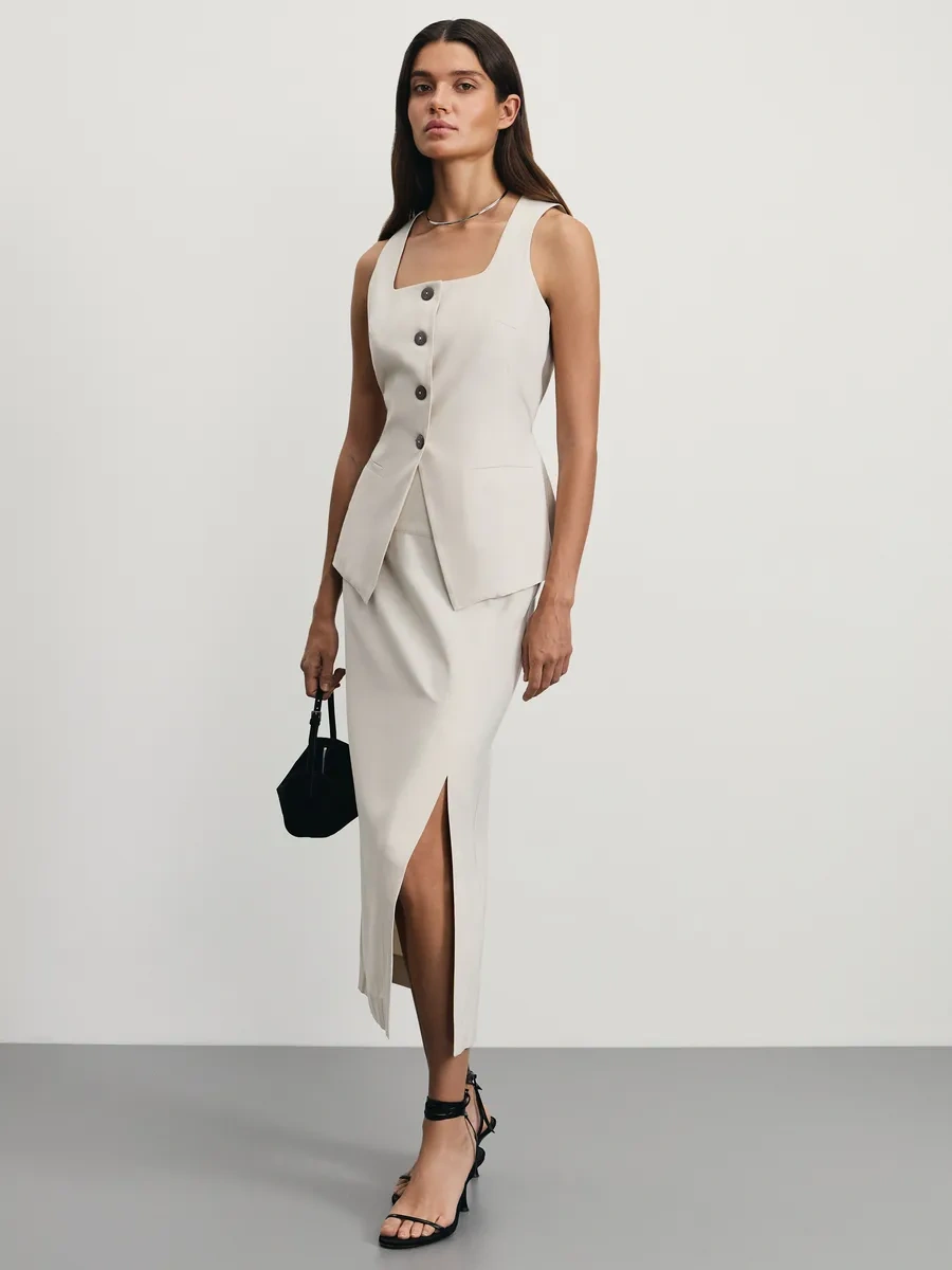 Zarına Dekoratif Düğmeli Kurşun Kalem Etek 432730006 Sütlü