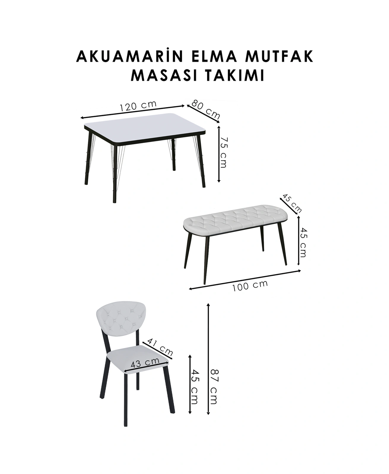 Mutfak Masası Takımı Elma Serisi Benchli Beyaz Antrasit