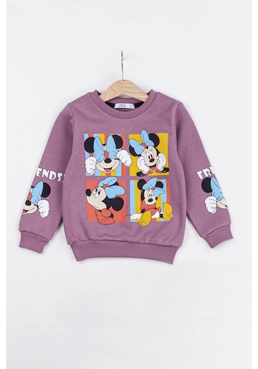 Kız Çocuk Minnie Mouse Baskılı 3 İplik Şardonlu Kışlık Sweat Ve Eşofman Alt Üst Takım Lila
