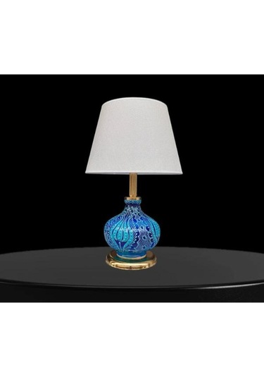 Patara Abajur Gold Kaplamalı Mavi Çini Krem Şapka Mavi
