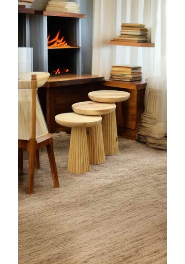 Masif Doğal Ahşap Mantar Sehpa Takımı Naturel Renk 3 Lü Zigon