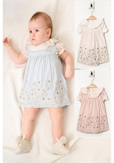 Kız Bebek Pudra Çiçek İşlemeli Elbise Fırfıtlı Yaka Gömlekli Takım-1352 Pembe