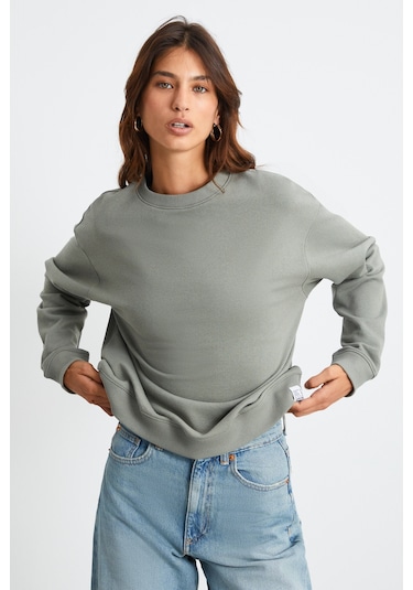 Grimelange Maıja Kadın Bisiklet Yaka İçi Polarlı Oversize Fit Basic Açık Haki Sweatshirt Açık Haki