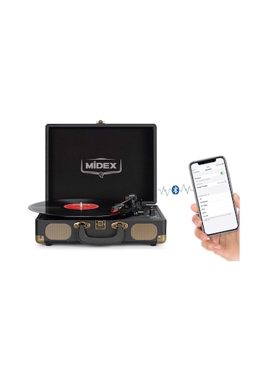 Midex Mtx101BK Nostaljik Retro Pikap Plak Çalar (Şarjlı Bluetooth Aux Hoparlörlü 3 Devir) İğne Dahil