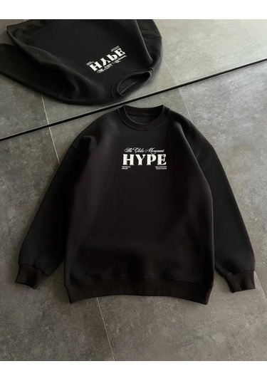 Kadın Üç İplik Bisiklet Yaka Baskılı Sweatshirt - Siyah Siyah