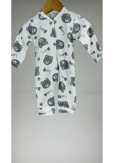 Ayıcıklı %100 Pamuklu Açıtçıtlı Bebek Tulum 001