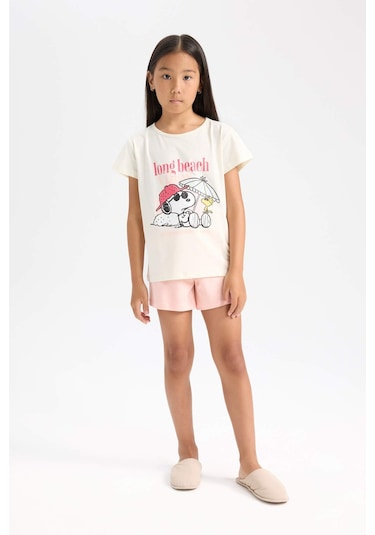 DeFacto Kız Çocuk Snoopy Pijama Takımı Kısa Kollu Üst Beli Lastikli Kısa Şort D9831A824WNER99 Ekru