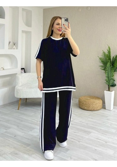 Kadın Kısa Kollu Bisiklet Yaka Çift Renk Şerit Detaylı Viskon Iki Iplik Bluz Ve Pantolon Ikili Takım Lacivert
