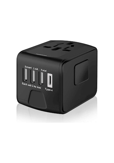 Moveevo Siyah Evrensel Seyahat Güç Adaptörü - 5 Cihazı Eş Zamanlı Şarj Edebilir, 3a Usb-c Ve 2.4a Usb Portları İle Tüm Dünya Soketlerine Uyumlu