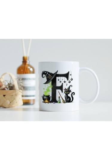 F Harfli Halloween Kedili Figür Kupa Bardak - Şapkalı Ve Kazanlı İsme Özel Kupa - Hediye Beyaz