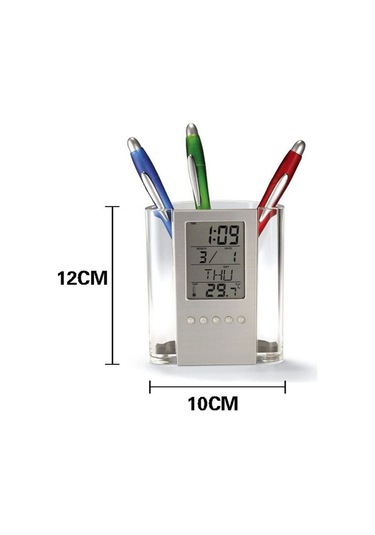 Springsun Ofis Ve Ev İçin Transparan Abs Mutfak Kalem Kutusu - Saat, Takvim, Zamanlayıcı, Termometre Ve Lcd Ekranlı Otomatik Çekmeceli Organizer Gri