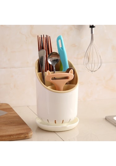Sones Yaratıcı Çok Fonksiyonlu Çift Drenaj Rafı Mutfak Çubukları Saklama Kovası Sofra Takımı Saklama Kutusu, Renk:kahve