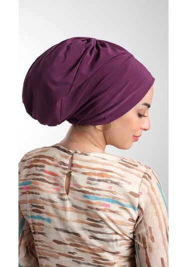 Mürdüm Pratik Hazır Geçmeli Tesettür Bone Sandy Kumaş Büzgülü 211 Mürdüm