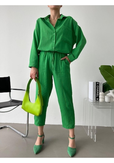 Kadın Oversize Keten Gömlek Pantolon Alt Üst Takım Yeşil