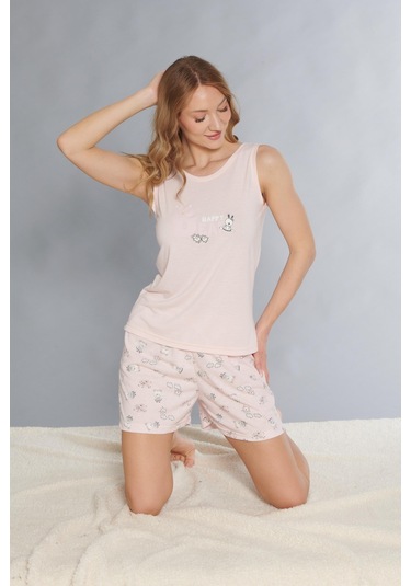 Dowry Askılı Şort Takım - Sevimli Desenli Yazlık Viskon Pijama Dowry 06-67 Pembe
