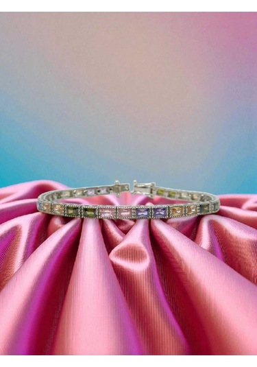 925 Ayar Gümüş Renkli Baget Taşlı Kadın Bileklik Gümüş