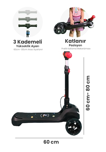 Electron Led Işıklı Hoparlörlü Yükseklik Ayarlı Elektrikli Scooter - 60w Siyah