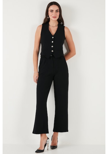 Lela Regular Fit Yüksek Bel Bol Paça V Yaka Yelekli Bayan Takım 5866199 Siyah
