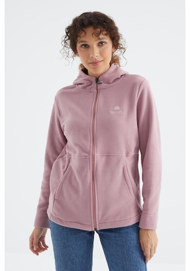 Tommy Life Gül Kurusu Kapüşonlu Fermuarlı Rahat Form Kadın Polar Sweatshirt - 97233 Gülkurusu