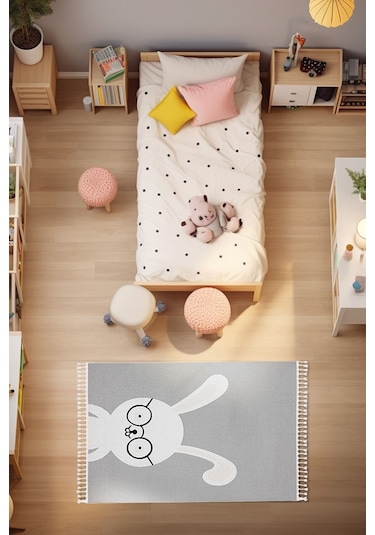 Sparkle Gri Krem Tavşan Figürlü Hayvan Figürlü Çocuk Odası Halısı Gri