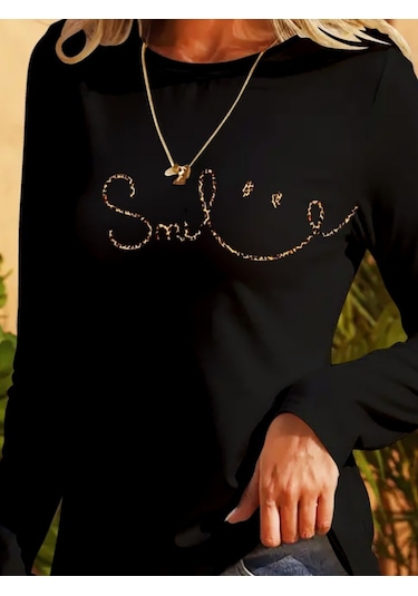 Gülsüm Aydın Kadın Uzun Kollu Bisiklet Yaka Gülümseyen Surat Desenli Viskon Bluz Siyah