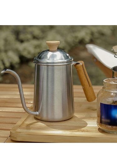 Fastbuy 304 Paslanmaz Çelik 650ml Taşınabilir Kahve Demleme Cezvesi, Ahşap Saplı Uzun Burunlu Gümüş Renkli Gümüş