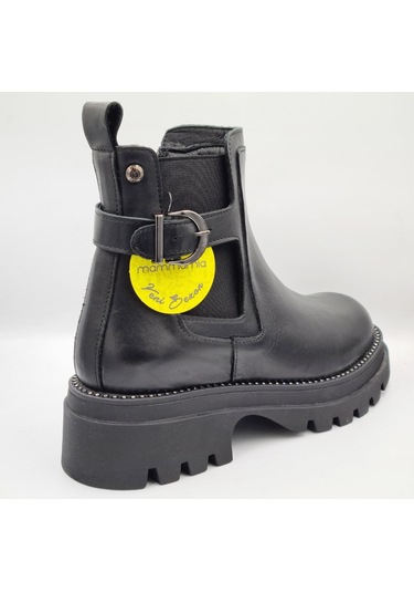 Mammamia D25kb-4185 Siyah Hakiki Deri Kalın Topuklu 5cm Fermuarlı Kadın Bot Siyah