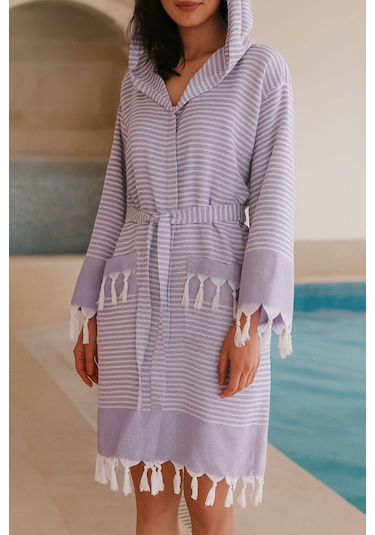 Kapşonlu Unisex Peştemal Plaj Bornozu %100 Pamuklu Seaside Stripe Lila