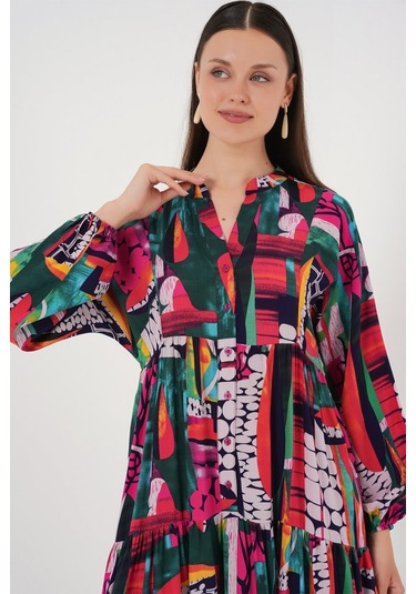 2423 Otantik Desenli Tesettür Elbise - Çok Renkli 2 Çok renkli