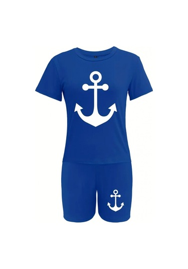 Modaserdem Kadın Kısa Kollu Çapa Baskılı Viskon Ikili Takım Saks Mavi