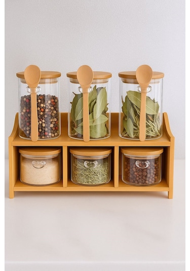 Qerhome 6lı Bambu Stantlı Borosilikat Cam Baharatlık Seti 430 Ml+330 Ml 11515 ŞEffaf