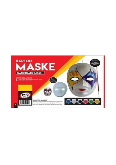 Karton Maske Boyama Seti - 6 Renk Boya + Fırça + Maske -Kumtoys