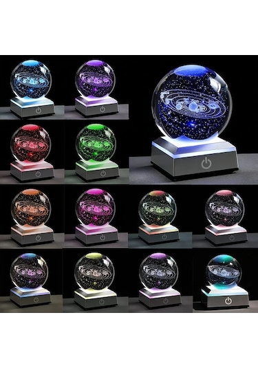Honeybeeshop 1 Adet 8 Cm Küçük 3d Güneş Sistemi Kristal Topu Led Tabanlı Gece Lambası Ev Dekorasyon Astronomi Hediye Ahşap