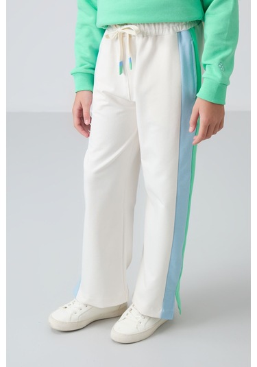 Tommy Life Ekru Yırtmaç Detaylı Cepli Geniş Paça Kız Çocuk Eşofman Alt - 75141 Ekru