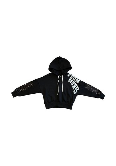 Kız Çocuk Simli Yazılı Kolları Pul Detaylı Crop Sweatshirt-15040 Siyah