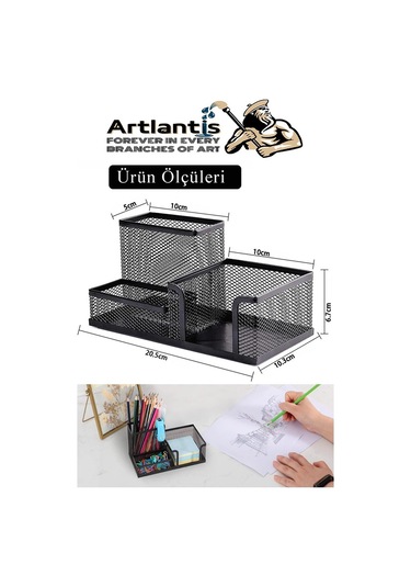 Masaüstü Metal Kalemlik Seti 3 Lü Kombo 1 Paket Fileli Perfore Siyah Kalemlik Ataşlık Kağıtlık Küpnotluk Düzenleyici Siyah