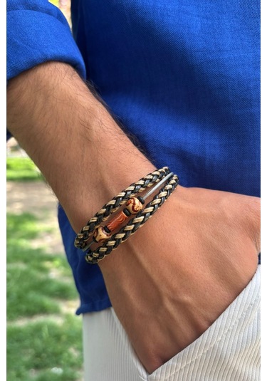 Örgülü El İşçiliği İle Üretilmiş Hakiki Deri Erkek Bileklik Çok Renkli