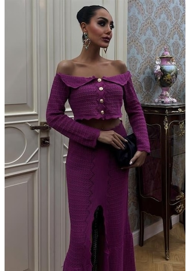 Madonna Yaka Derin Yırtmaç Etekli Şık Triko Takım 10099 Mürdüm