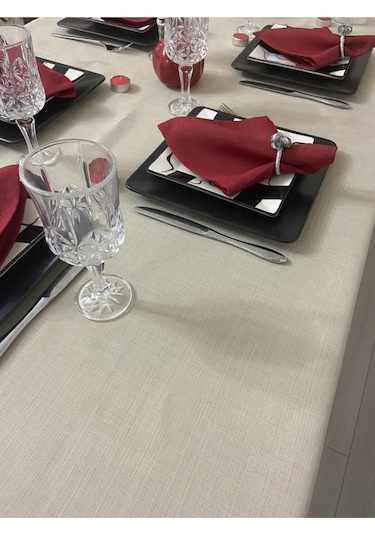 Keten Görünümlü Begonvil Masa Örtüsü Kapuçino 27 Parça Set