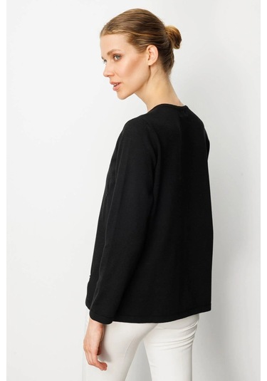 Desen Triko Kadın Sıfır Yaka Önü Pileli Boncuklu Ligralı Bluz 25095 Siyah Siyah