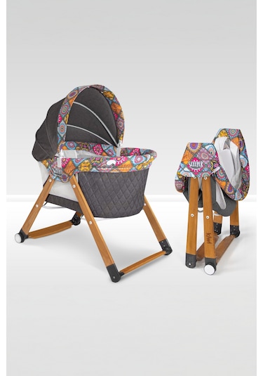 Kiwi Sleeper Anne Yanı Reflü Ayarlı, Tekerli, Katlanır Ahşap Beşik - Antik Bohem Desenli