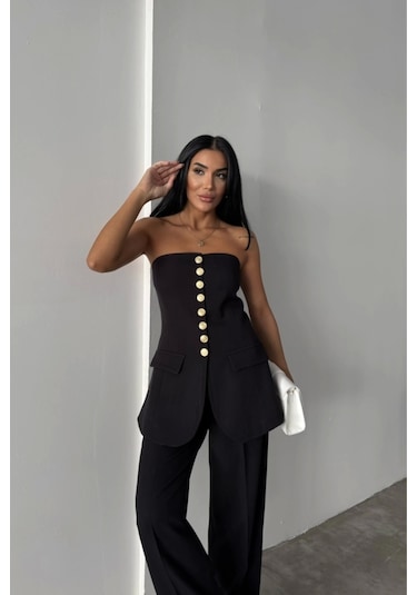 Defymoda Tasarım Gold Düğmeli Strablezyelek - Siyah Siyah